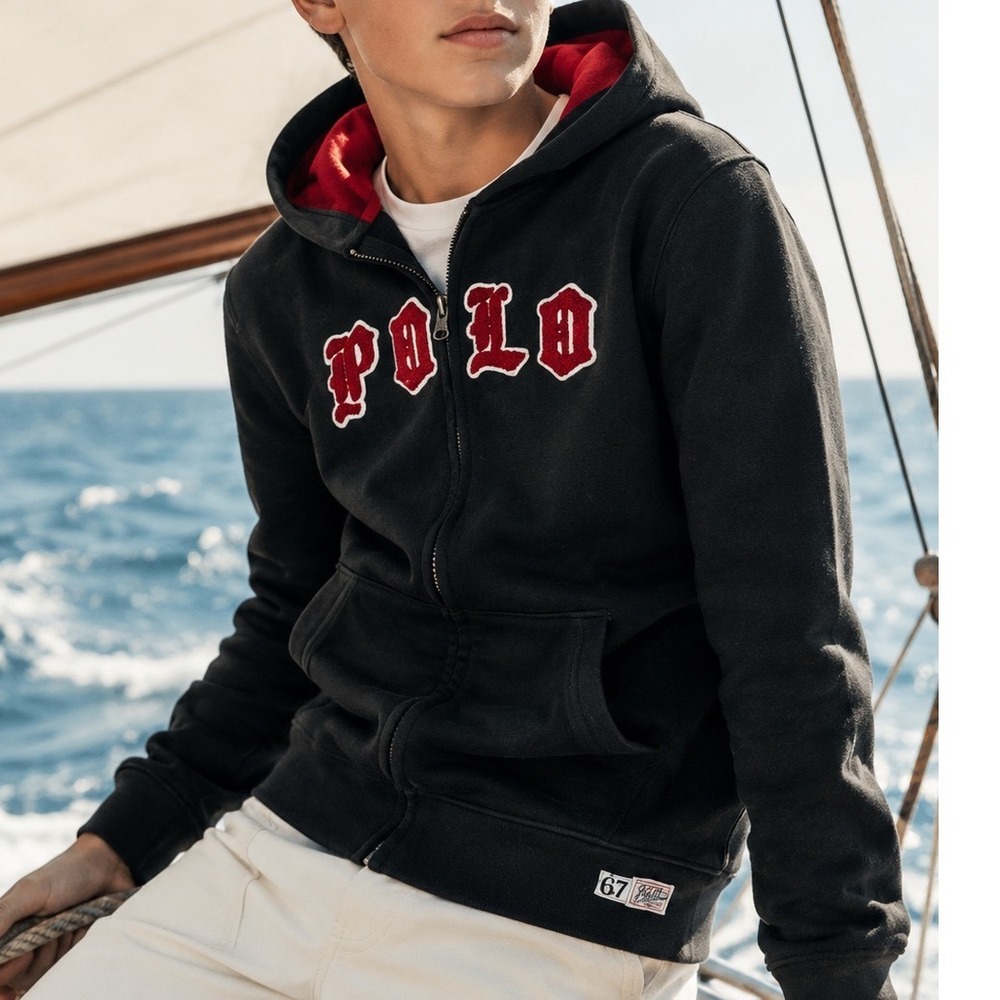Polo Ralph Lauren Kids Black Red Full Zip Hoodie‎ Collegiate Logo  L 14-16 AA1